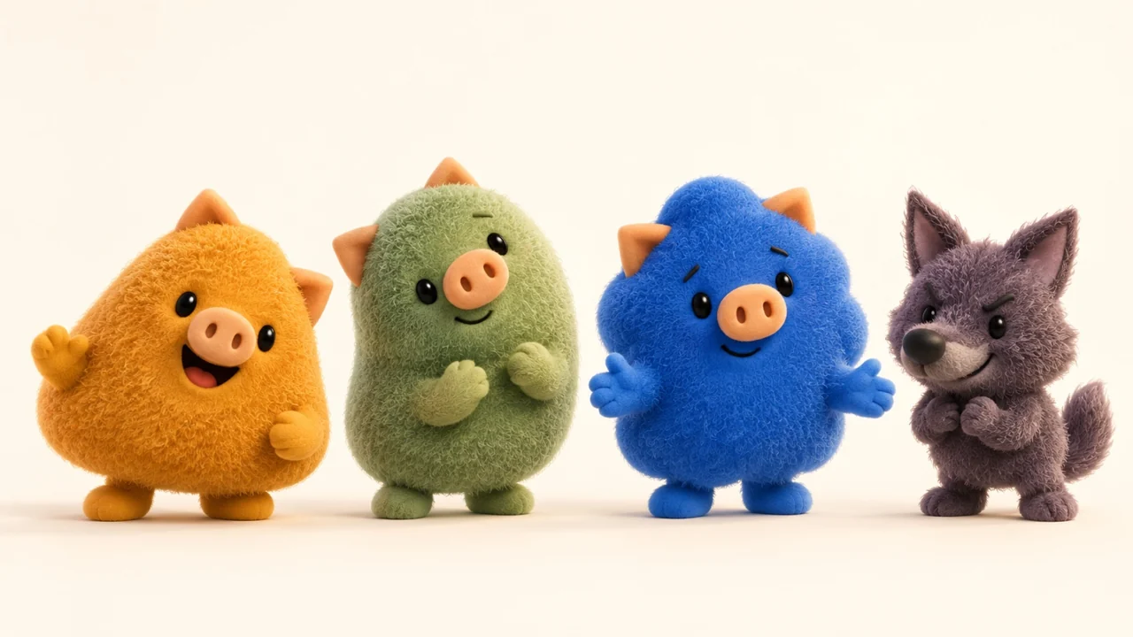 Três porquinhos amarelo, verde e azul ao lado de um lobo.