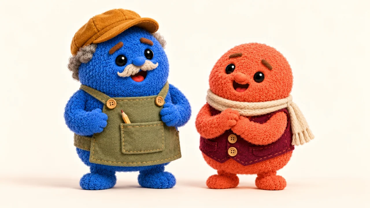 Trabalhador azul de boné, bigode e avental com lápis ao lado de um personagem laranja de cachecol.